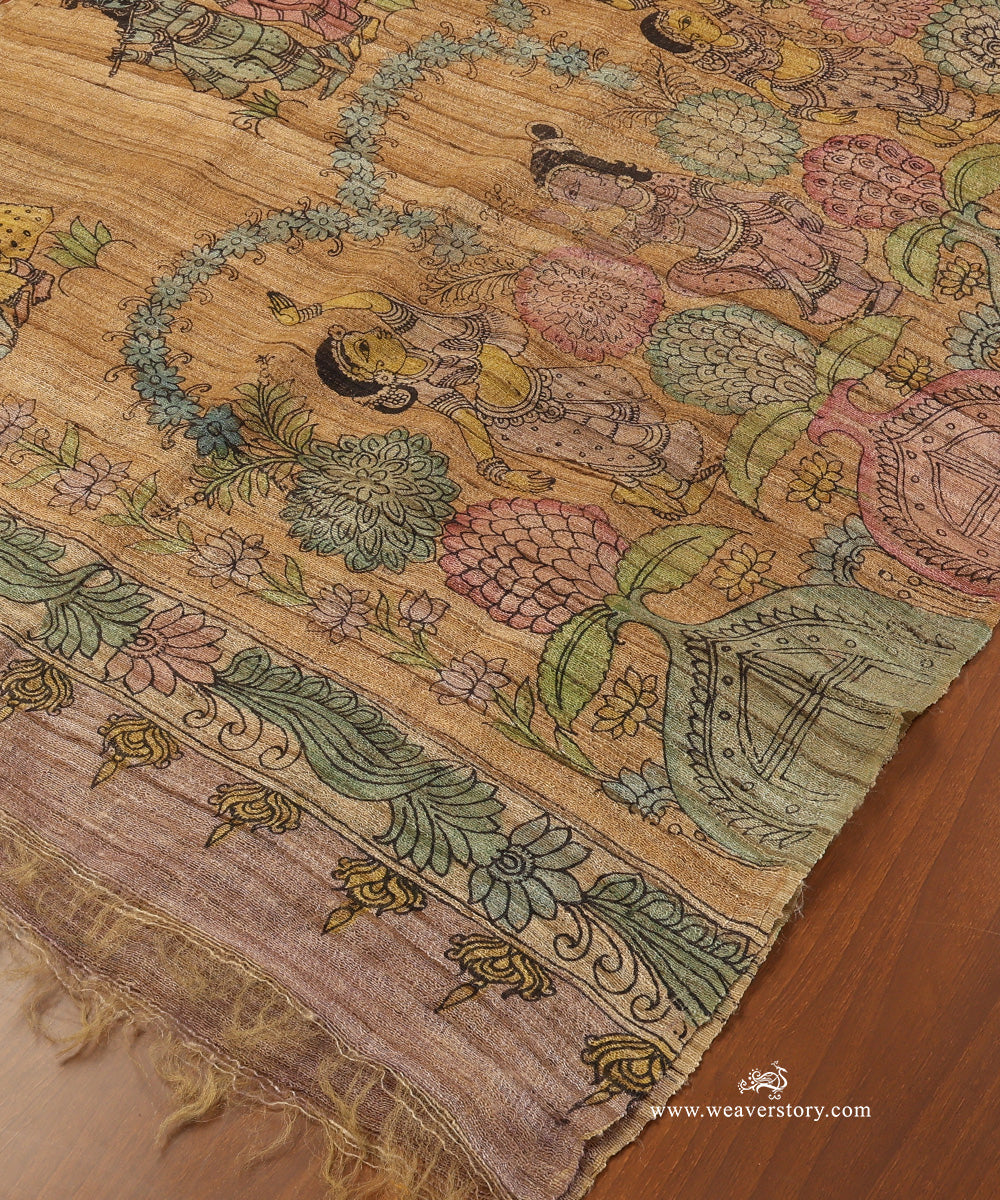 Mustard_Handloom_Pure_Tusser_Silk_Hand_Painted_Kalamkari_Dupatta_With_Radha_Krishna_Motifs_WeaverStory_03