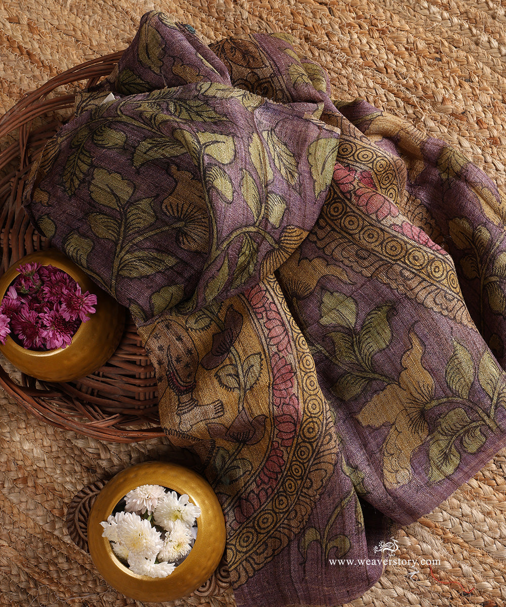 Purple_Handloom_Pure_Tusser_Silk_Hand_Painted_Kalamkari_Dupatta_With_Floral_And_Kishna_Ji_Motifs_WeaverStory_01