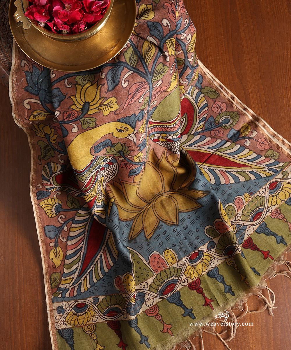 Brown_Handloom_Pure_Cotton_Hand_Painted_Kalamkari_Dupatta_With_Lotus_And_Peacock_Motifs_WeaverStory_01