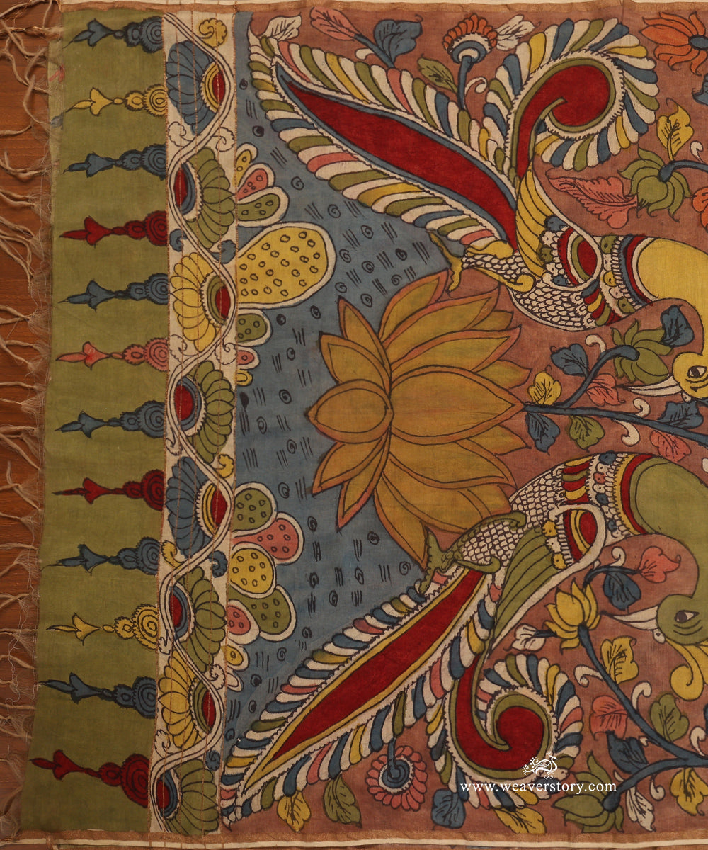 Brown_Handloom_Pure_Cotton_Hand_Painted_Kalamkari_Dupatta_With_Lotus_And_Peacock_Motifs_WeaverStory_02