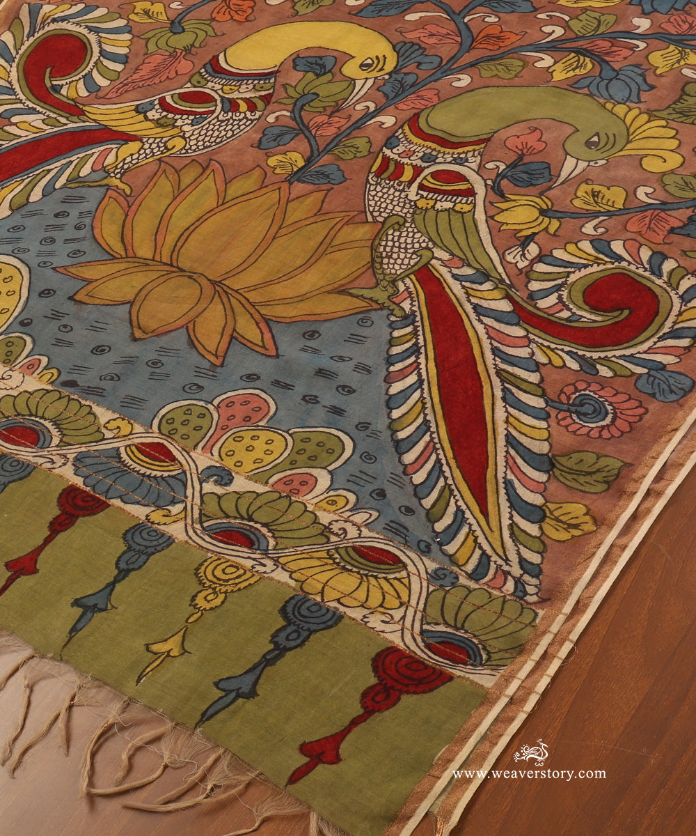 Brown_Handloom_Pure_Cotton_Hand_Painted_Kalamkari_Dupatta_With_Lotus_And_Peacock_Motifs_WeaverStory_03