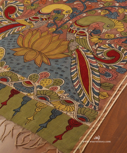 Brown_Handloom_Pure_Cotton_Hand_Painted_Kalamkari_Dupatta_With_Lotus_And_Peacock_Motifs_WeaverStory_03