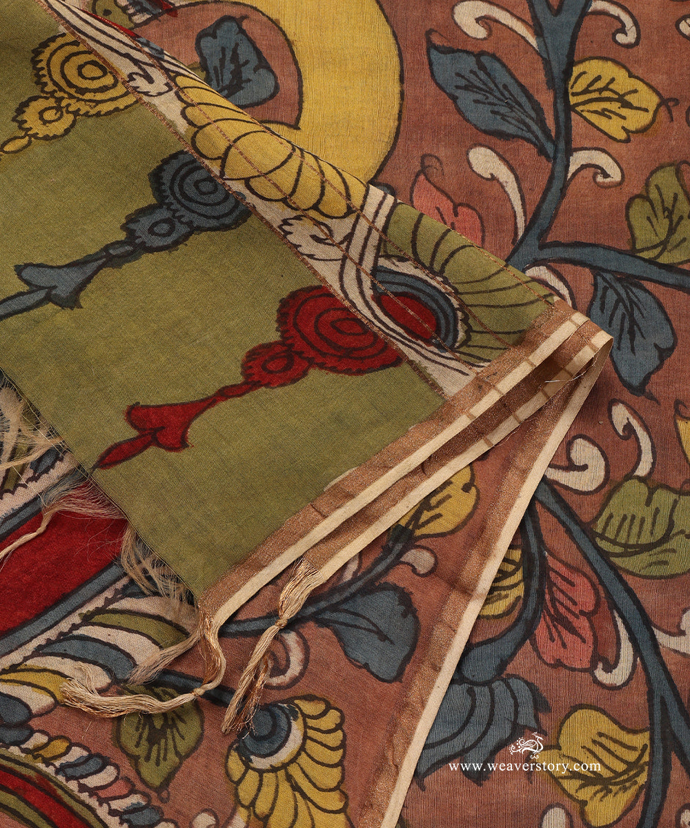 Brown_Handloom_Pure_Cotton_Hand_Painted_Kalamkari_Dupatta_With_Lotus_And_Peacock_Motifs_WeaverStory_04