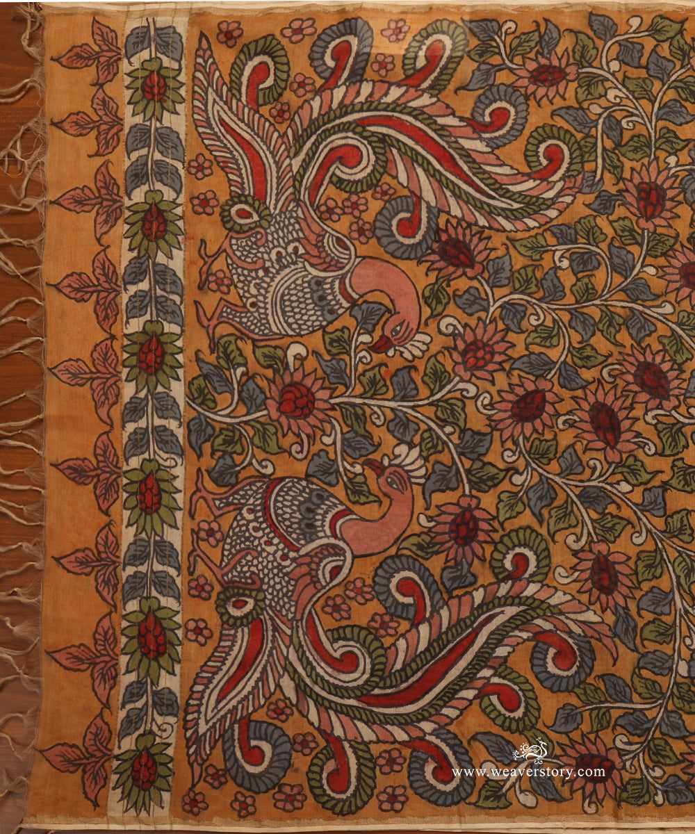 Mustard_Handloom_Pure_Cotton_Hand_Painted_Kalamkari_Dupatta_With_Peacock_Motifs_WeaverStory_02