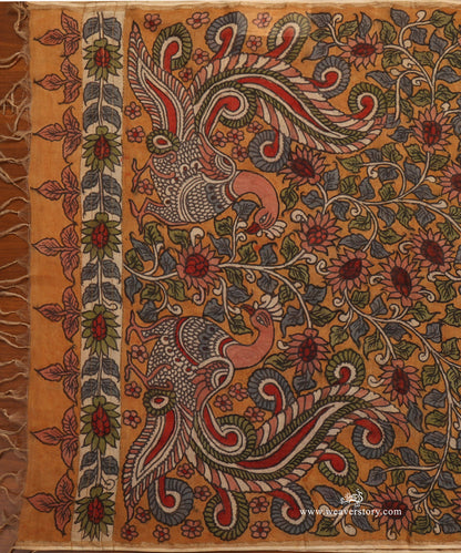 Mustard_Handloom_Pure_Cotton_Hand_Painted_Kalamkari_Dupatta_With_Peacock_Motifs_WeaverStory_02