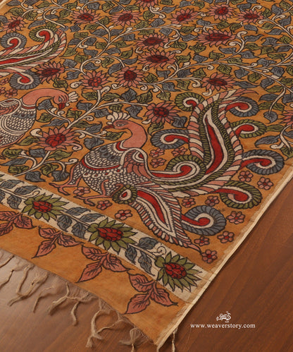 Mustard_Handloom_Pure_Cotton_Hand_Painted_Kalamkari_Dupatta_With_Peacock_Motifs_WeaverStory_03