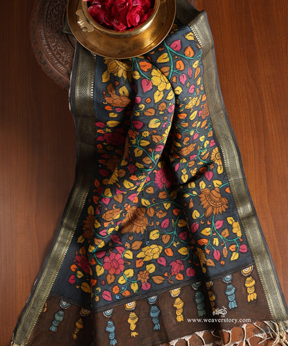 Grey_Handloom_Pure_Cotton_Hand_Painted_Floral_Print_Kalamkari_Dupatta_With_Zari_Border_WeaverStory_01