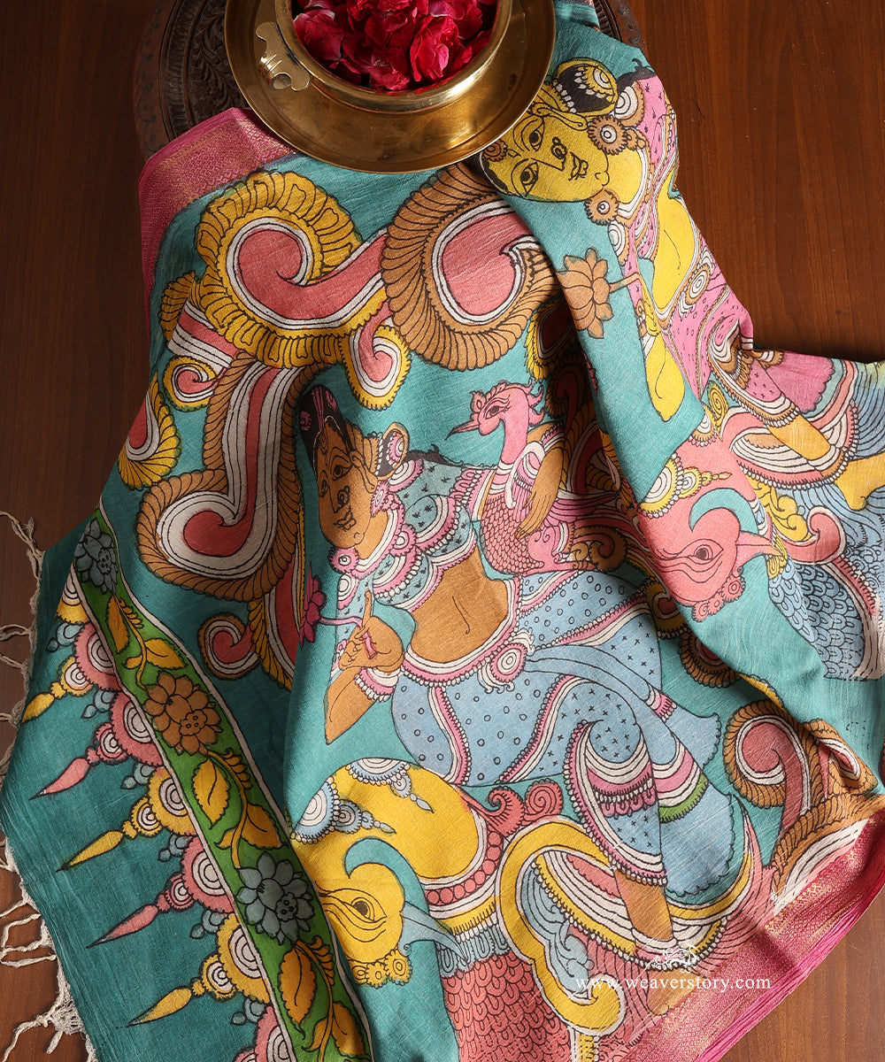 Ice_Blue_Handloom_Pure_Cotton_Hand_Painted_Peacock_Kalamkari_Dupatta_With_Pink_Zari_Border_WeaverStory_01
