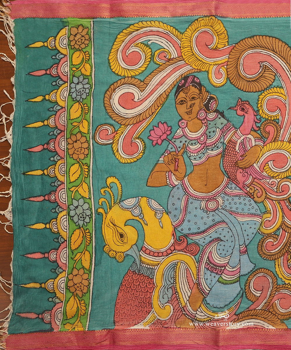 Ice_Blue_Handloom_Pure_Cotton_Hand_Painted_Peacock_Kalamkari_Dupatta_With_Pink_Zari_Border_WeaverStory_02