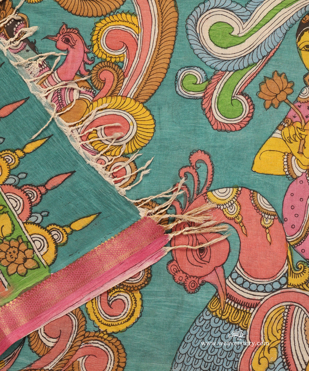 Ice_Blue_Handloom_Pure_Cotton_Hand_Painted_Peacock_Kalamkari_Dupatta_With_Pink_Zari_Border_WeaverStory_04