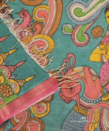 Ice_Blue_Handloom_Pure_Cotton_Hand_Painted_Peacock_Kalamkari_Dupatta_With_Pink_Zari_Border_WeaverStory_04