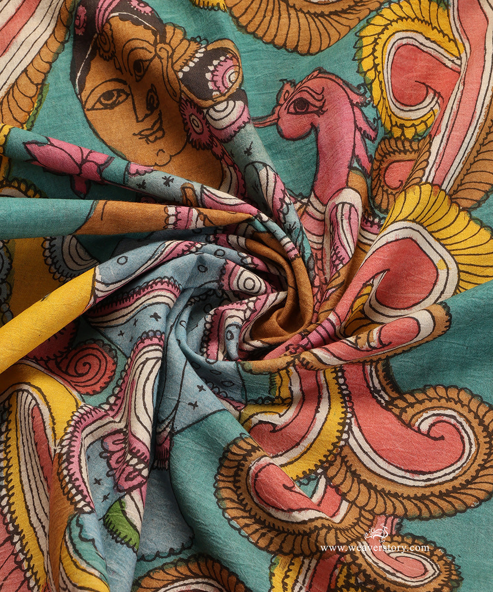 Ice_Blue_Handloom_Pure_Cotton_Hand_Painted_Peacock_Kalamkari_Dupatta_With_Pink_Zari_Border_WeaverStory_05