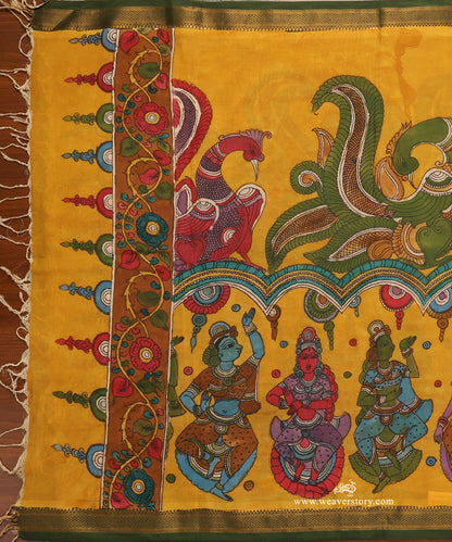 Yellow_Handloom_Pure_Cotton_Hand_Painted_Peacock_Kalamkari_Dupatta_With_Green_Zari_Border_WeaverStory_02