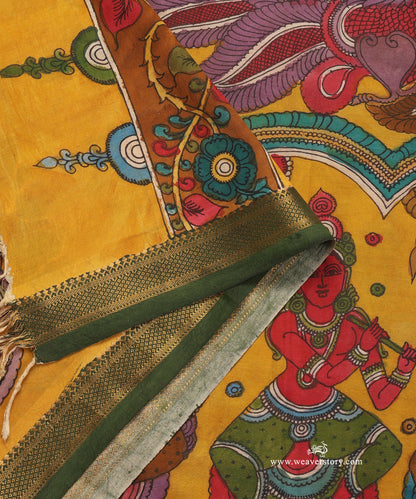 Yellow_Handloom_Pure_Cotton_Hand_Painted_Peacock_Kalamkari_Dupatta_With_Green_Zari_Border_WeaverStory_04