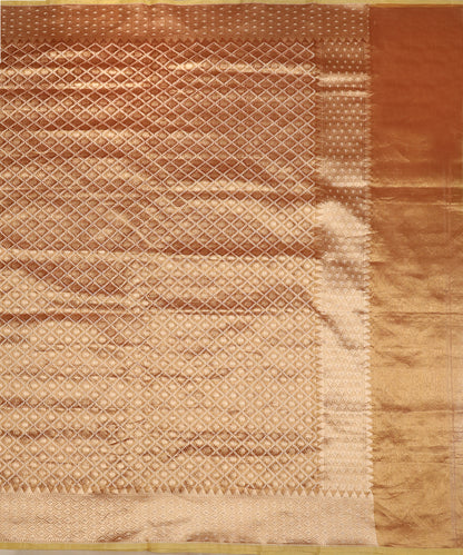 Full view of gold Banarasi Kora tissue dupatta with intricate cutwork Jamdani, detailed borders and lemon-toned edging.