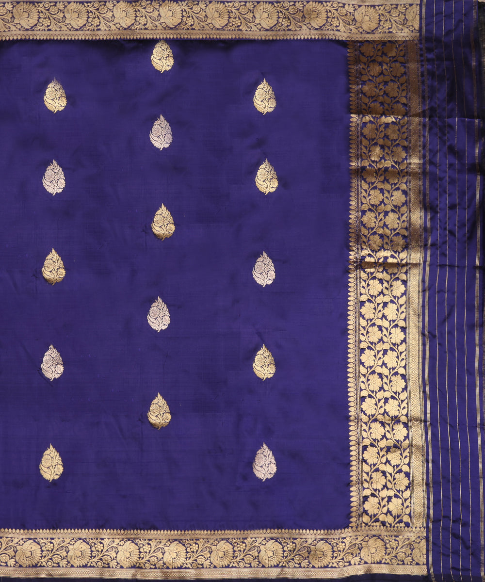Blue handloom Katan silk dupatta featuring individually woven Kadhwa leaf bootis and detailed gold zari floral borders