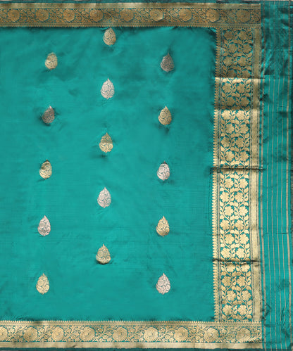 Full view of green handloom Katan silk dupatta featuring evenly placed gold zari leaf bootis and ornate floral borders.