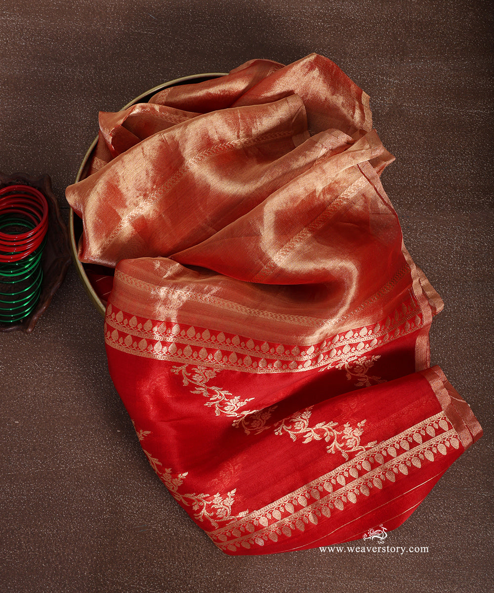 Red and gold pure Kora tissue Banarasi dupatta with fine woven bands, floral vine end panels and leaf-patterned borders.
