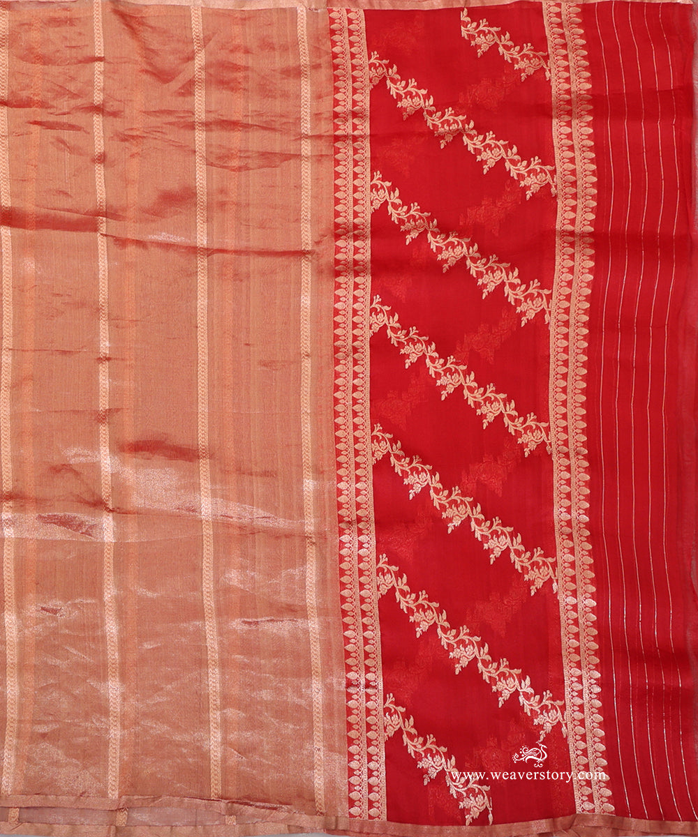 Gold Kora tissue dupatta with chevron-patterned bands and a red end panel featuring gold-toned floral vines, leaf edging and fine stripes.