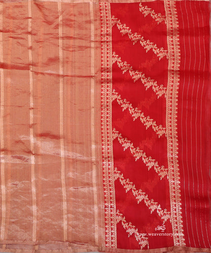 Gold Kora tissue dupatta with chevron-patterned bands and a red end panel featuring gold-toned floral vines, leaf edging and fine stripes.