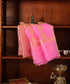Close-up of pink and gold Banarasi Kora tissue dupatta with large Kadhwa floral bootas, geometric zari borders and striped palla.