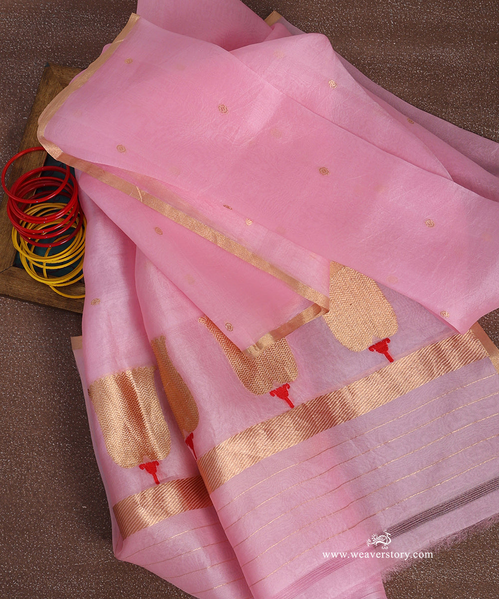 Baby pink Kora silk dupatta showing scattered circular bootis, a row of gold-toned lotus bootas with red Meena accents and narrow metallic borders.