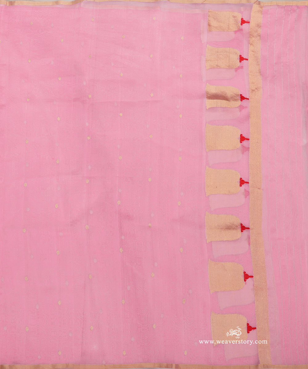Baby pink pure silk organza Banarasi dupatta with tiny gold-toned bootis, large lotus motifs with red Meena stems and metallic end stripes.