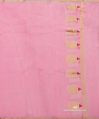 Baby pink pure silk organza Banarasi dupatta with tiny gold-toned bootis, large lotus motifs with red Meena stems and metallic end stripes.