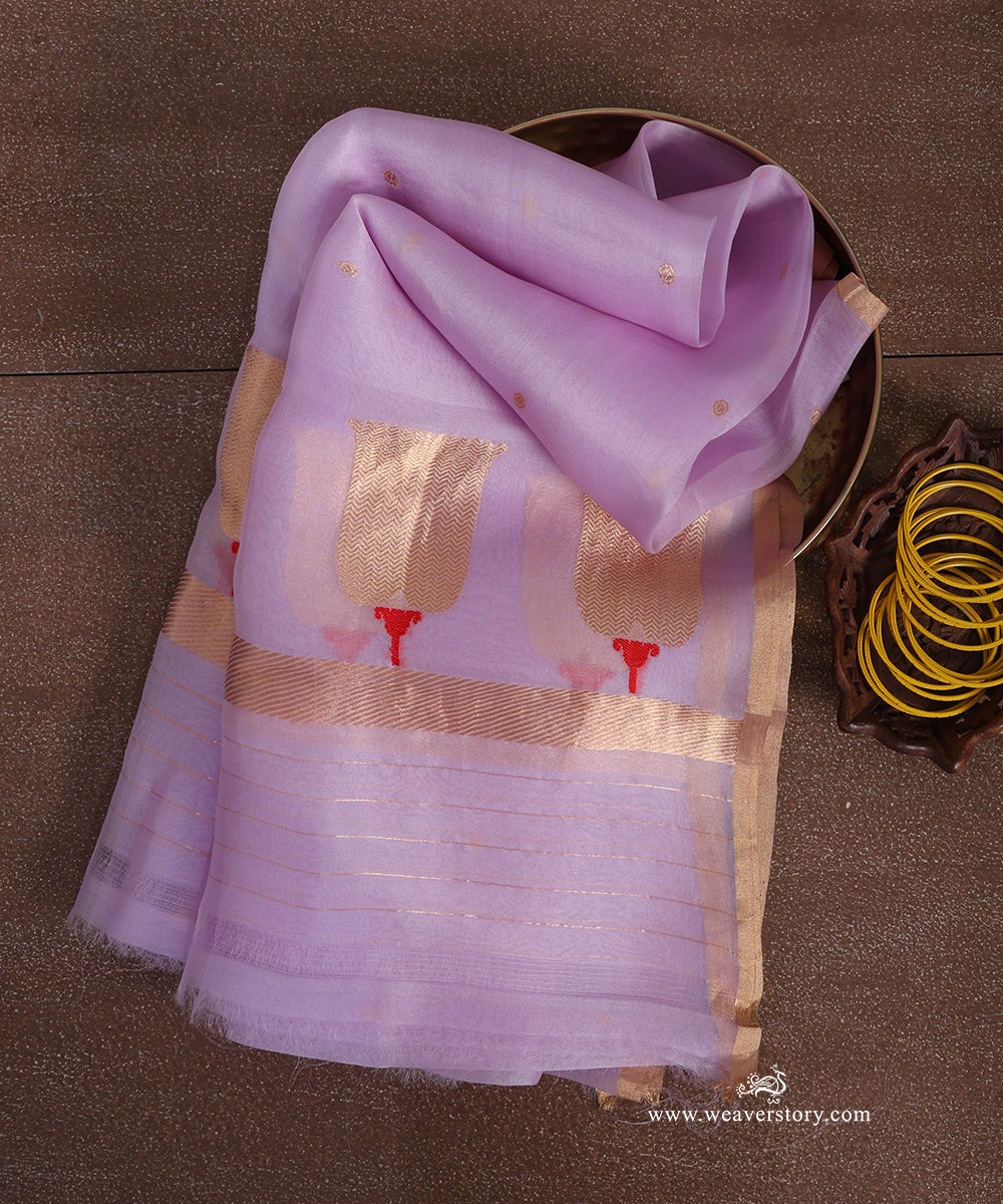 Lavender pure silk organza Banarasi dupatta with gold-toned circular bootis, large lotus bootas and red Meena accents.