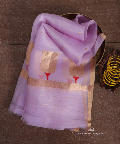 Lavender pure silk organza Banarasi dupatta with gold-toned circular bootis, large lotus bootas and red Meena accents.