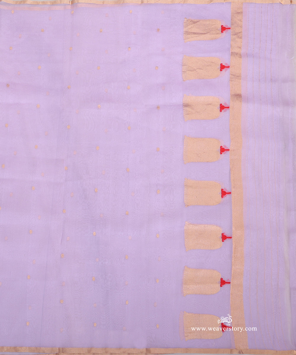 Lavender Kora silk dupatta showing gold-toned lotus bootas with chevron detailing, red Meena bases and fine metallic end stripes.