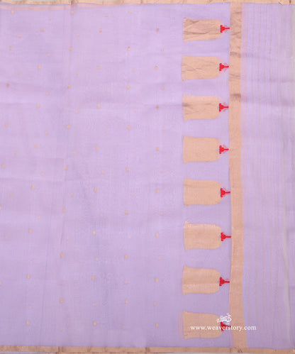 Lavender Kora silk dupatta showing gold-toned lotus bootas with chevron detailing, red Meena bases and fine metallic end stripes.