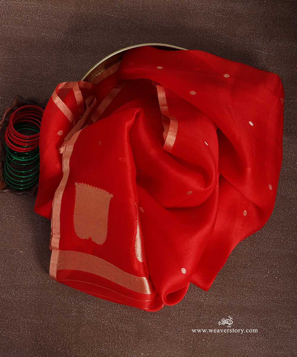 Red pure silk organza Banarasi dupatta with tiny circular bootis, large gold-toned lotus bootas with red Meena and metallic borders.