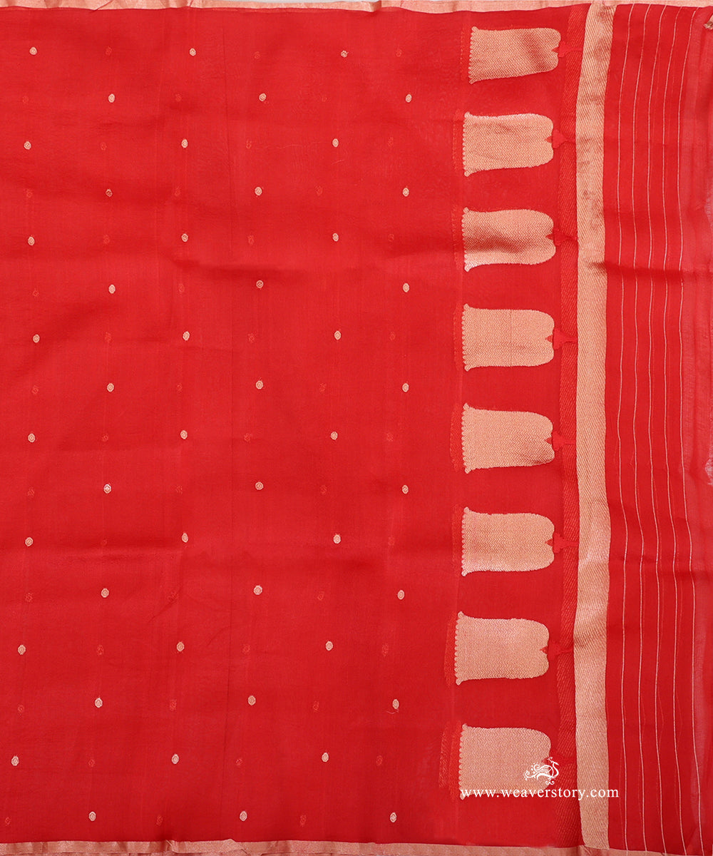 Red Kora silk dupatta showing circular bootis, stylised lotus bootas with zigzag detailing and a gold-toned end panel with fine stripes.