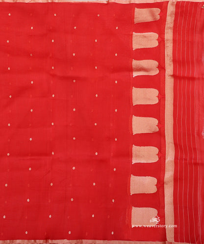 Red Kora silk dupatta showing circular bootis, stylised lotus bootas with zigzag detailing and a gold-toned end panel with fine stripes.