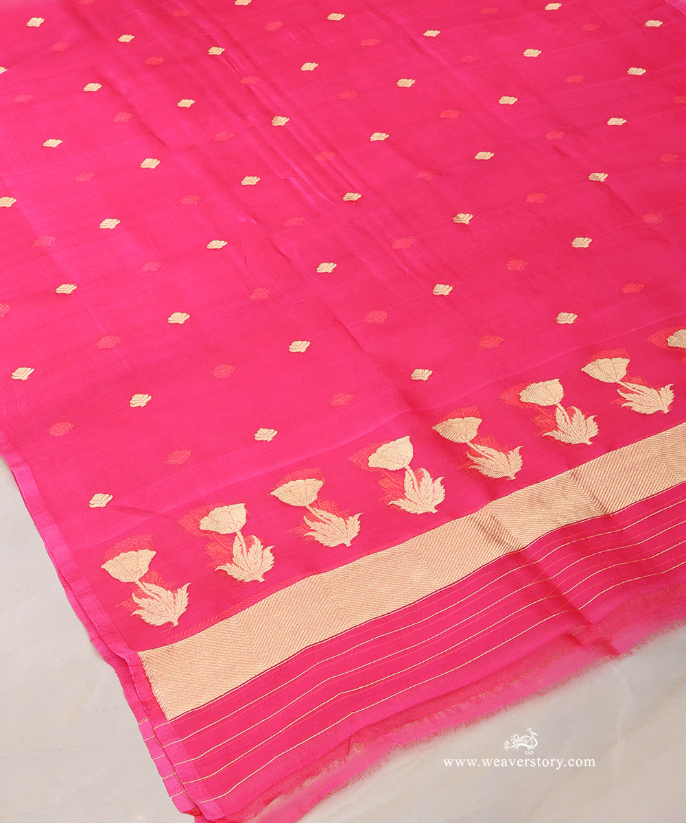 Hot_Pink_Handloom_Pure_Kora_Silk_Banarasi_Duptta_With_Kadhwa_Lotus_Boota_With_Leafs_WeaverStory_03