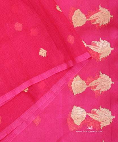 Hot_Pink_Handloom_Pure_Kora_Silk_Banarasi_Duptta_With_Kadhwa_Lotus_Boota_With_Leafs_WeaverStory_04