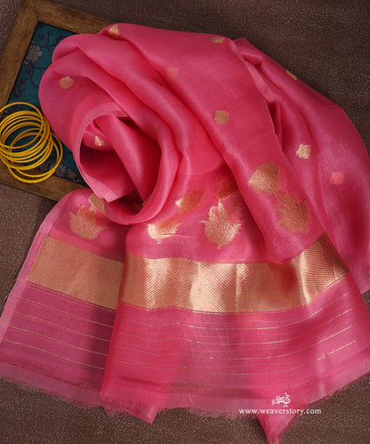 Rose pink Kora silk Banarasi dupatta with gold-toned floral bootis, lotus motifs with leaves and chevron end panels.