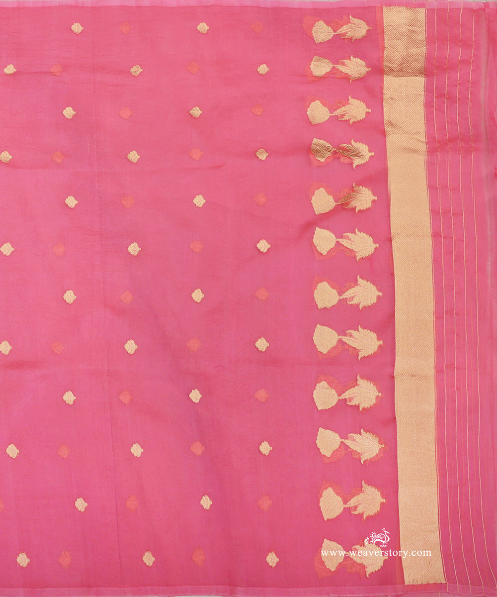 Rose pink pure silk organza dupatta showing four-petalled bootis, a row of leafy lotus motifs and a gold-toned chevron panel with fine stripes.