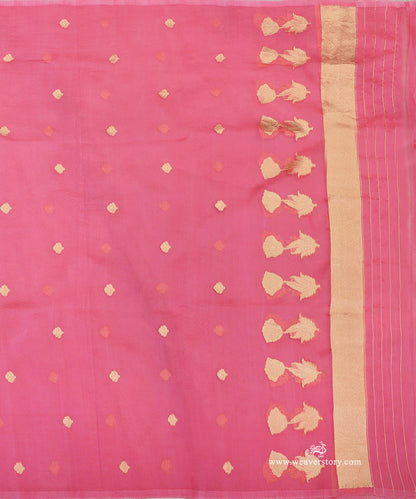 Rose pink pure silk organza dupatta showing four-petalled bootis, a row of leafy lotus motifs and a gold-toned chevron panel with fine stripes.