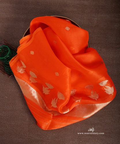 Orange_Handloom_Pure_Kora_Silk_Banarasi_Duptta_With_Kadhwa_Lotus_Boota_With_Leafs_WeaverStory_01