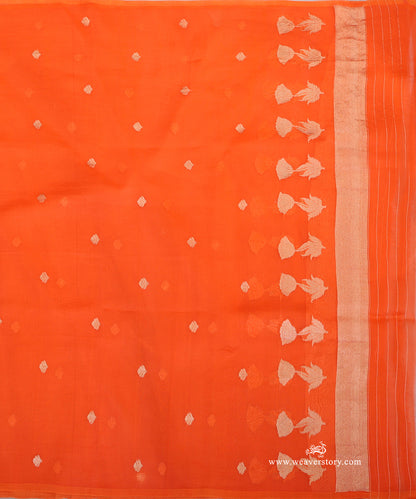 Orange pure silk organza Banarasi dupatta with small gold-toned floral bootis, larger lotus motifs with leaves and metallic woven ends