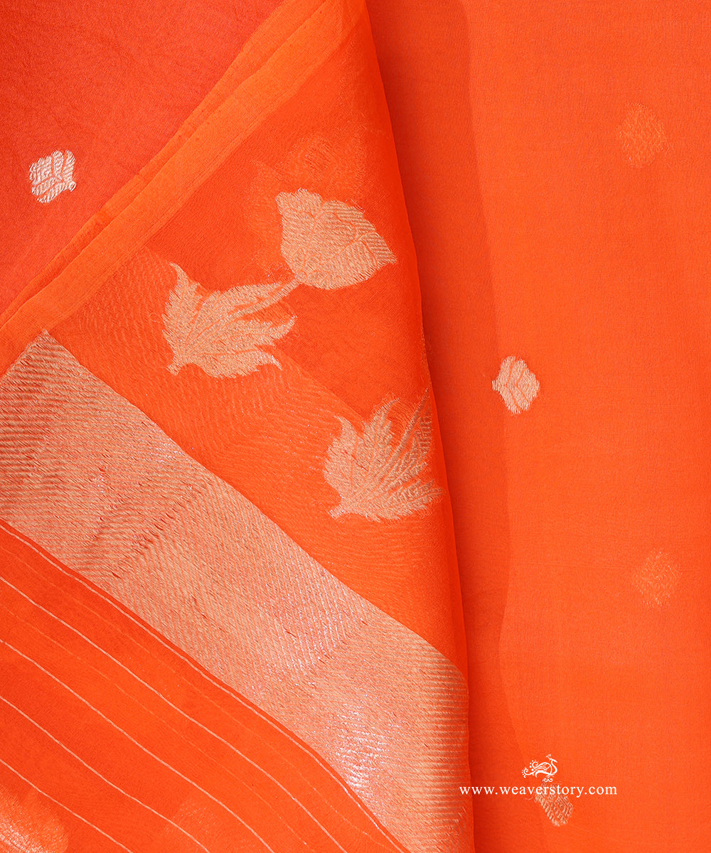 Orange_Handloom_Pure_Kora_Silk_Banarasi_Duptta_With_Kadhwa_Lotus_Boota_With_Leafs_WeaverStory_05