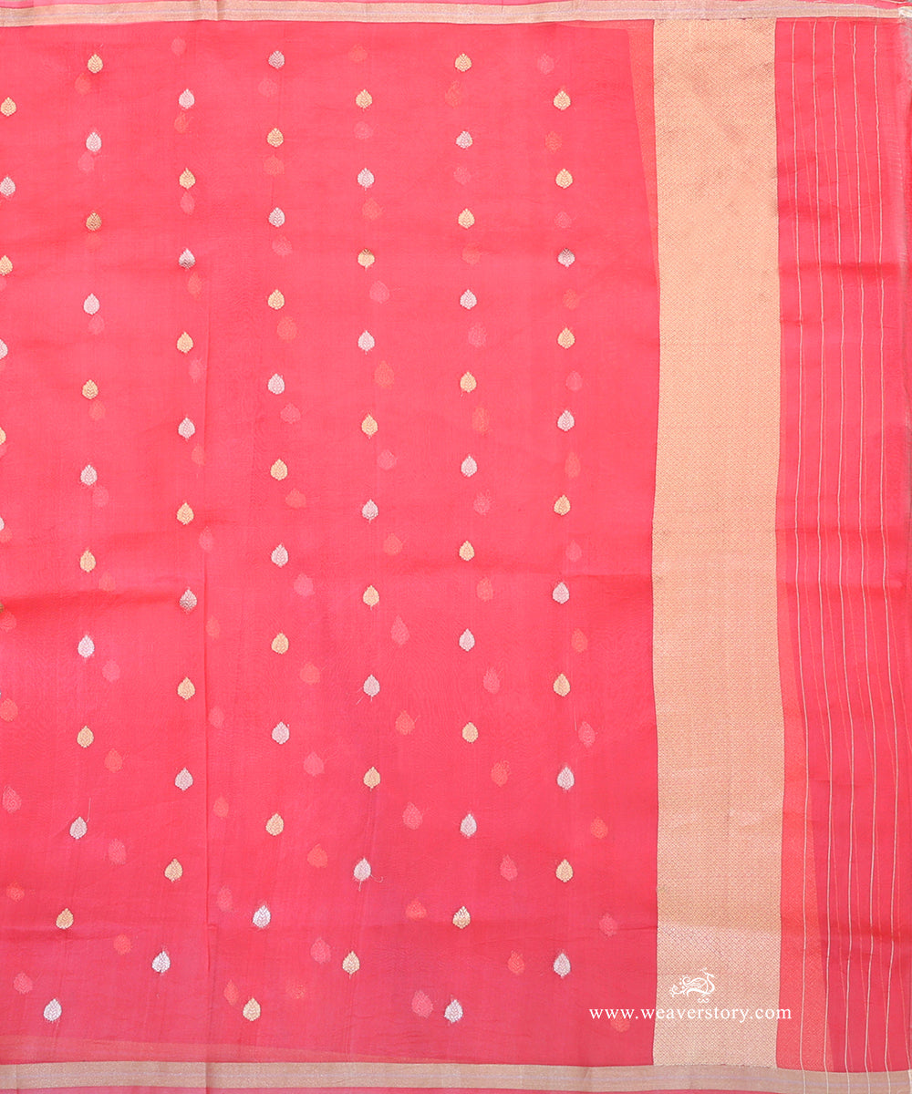 Coral pink pure silk organza Banarasi dupatta with small gold and silver-toned floral bootis and a narrow metallic border.