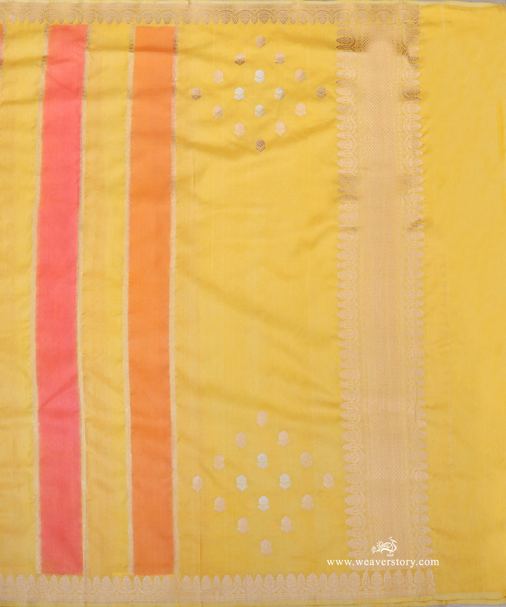 Yellow pure Katan silk Rangkat dupatta with orange and coral pink bands, metallic floral bootis and an ornate floral border.