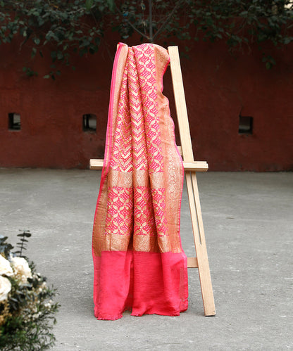 Pink Orange Handloom Pure Georgette Banarasi Bandhej Dupatta With Cutwork Jaal