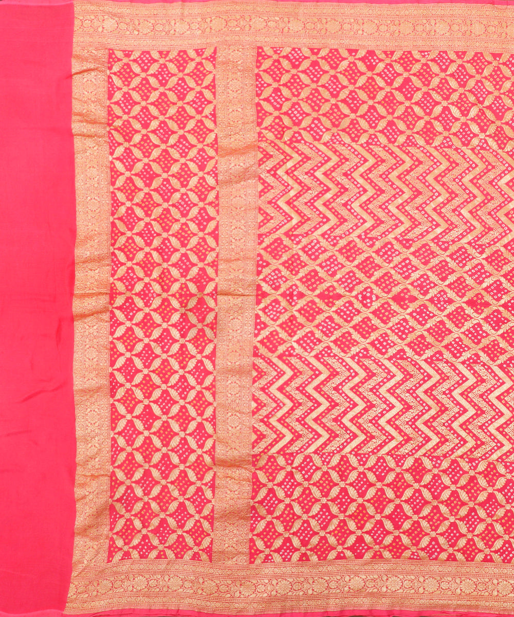 Pink Orange Handloom Pure Georgette Banarasi Bandhej Dupatta With Cutwork Jaal