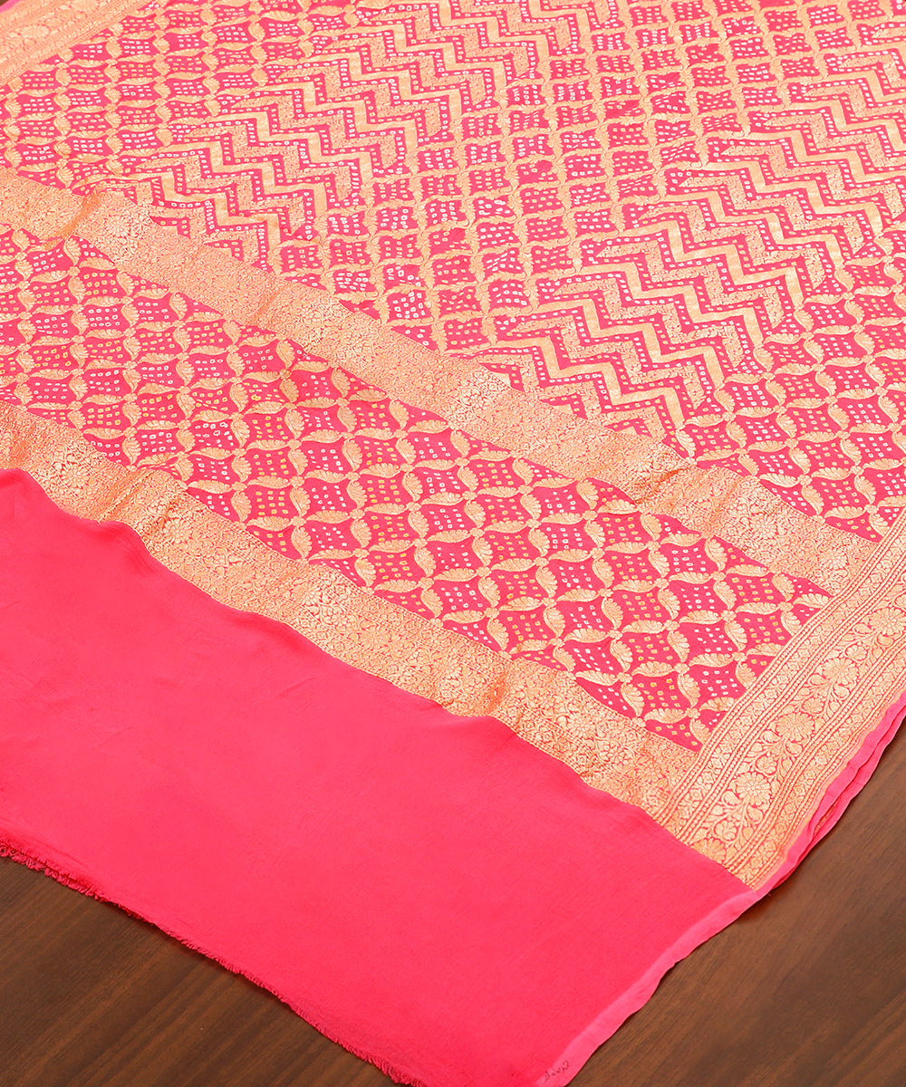 Pink Orange Handloom Pure Georgette Banarasi Bandhej Dupatta With Cutwork Jaal