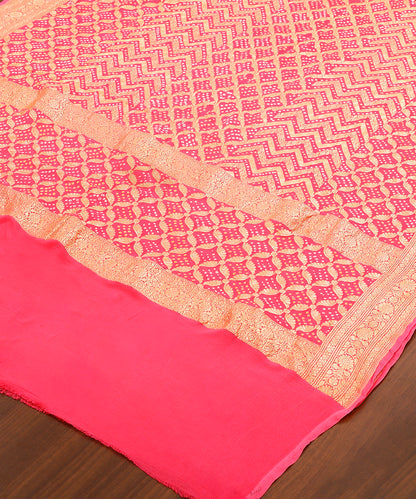 Pink Orange Handloom Pure Georgette Banarasi Bandhej Dupatta With Cutwork Jaal