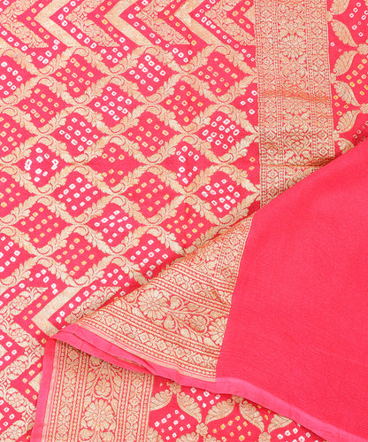 Pink Orange Handloom Pure Georgette Banarasi Bandhej Dupatta With Cutwork Jaal